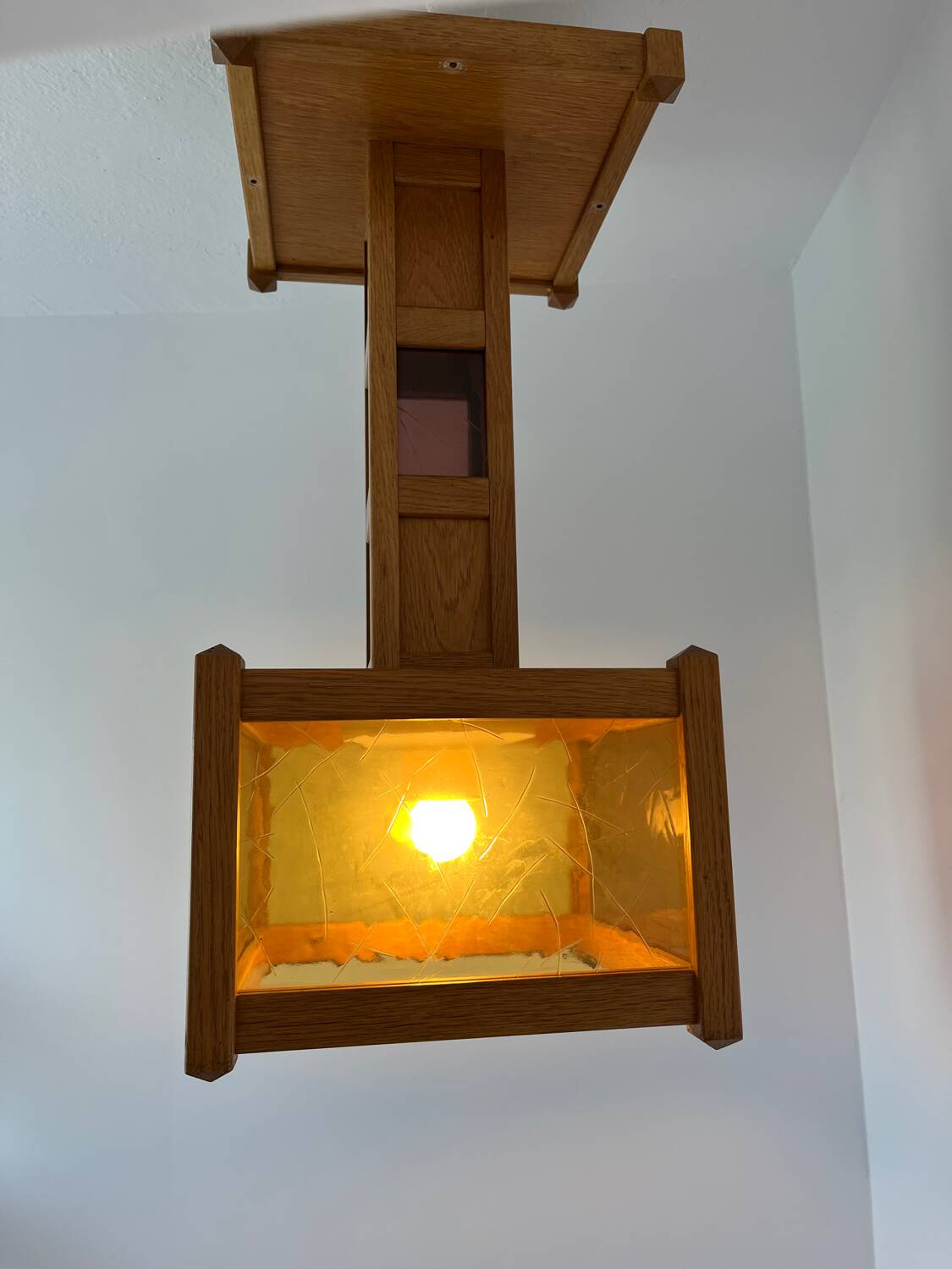1960s wooden stained glass pendant light