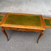 Louis XV style flat desk in solid cherry wood with pull-out extensions and leather top 19