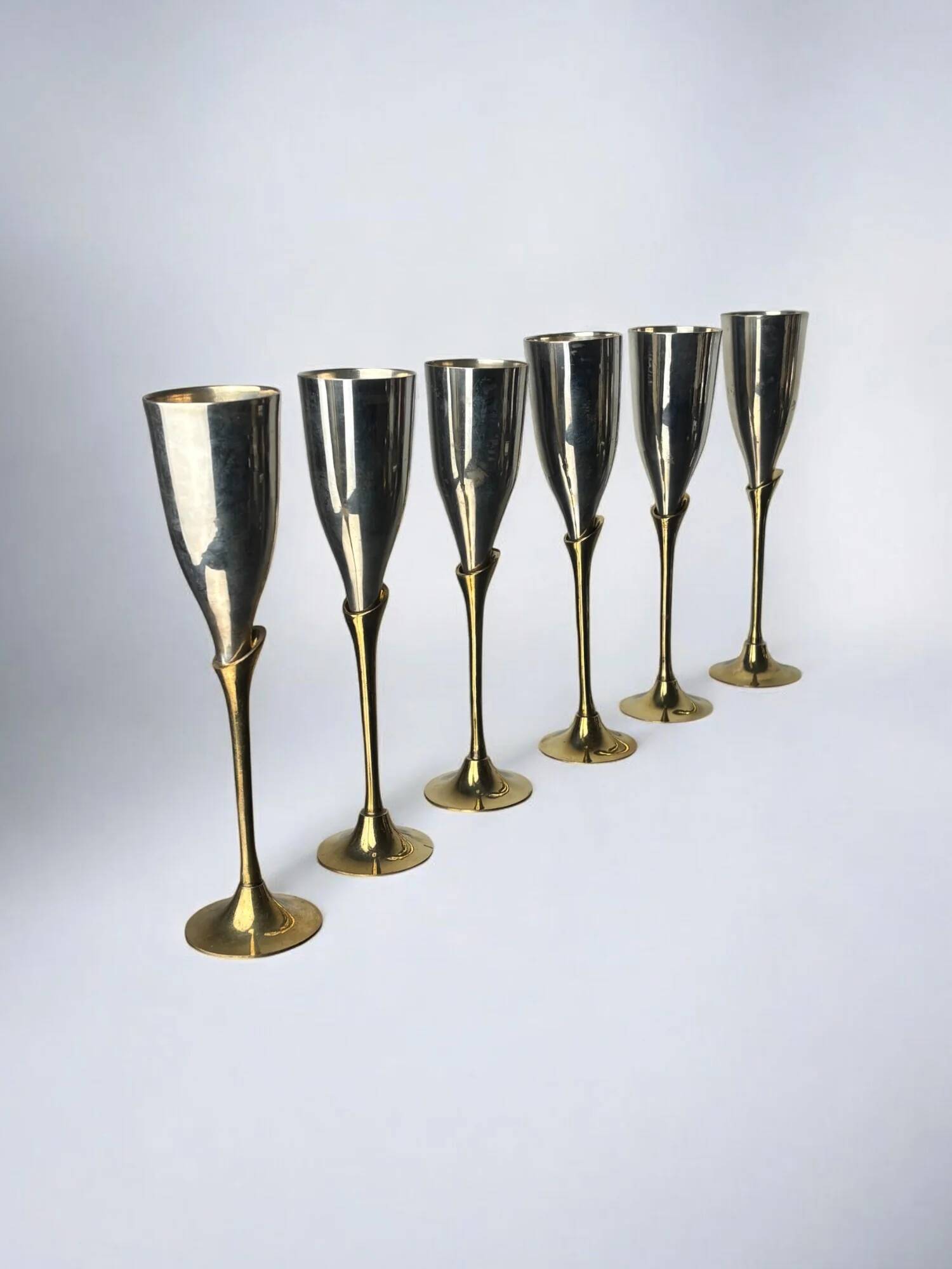 Brutalist silver plated glasses, set of 6, Spain, 1970s