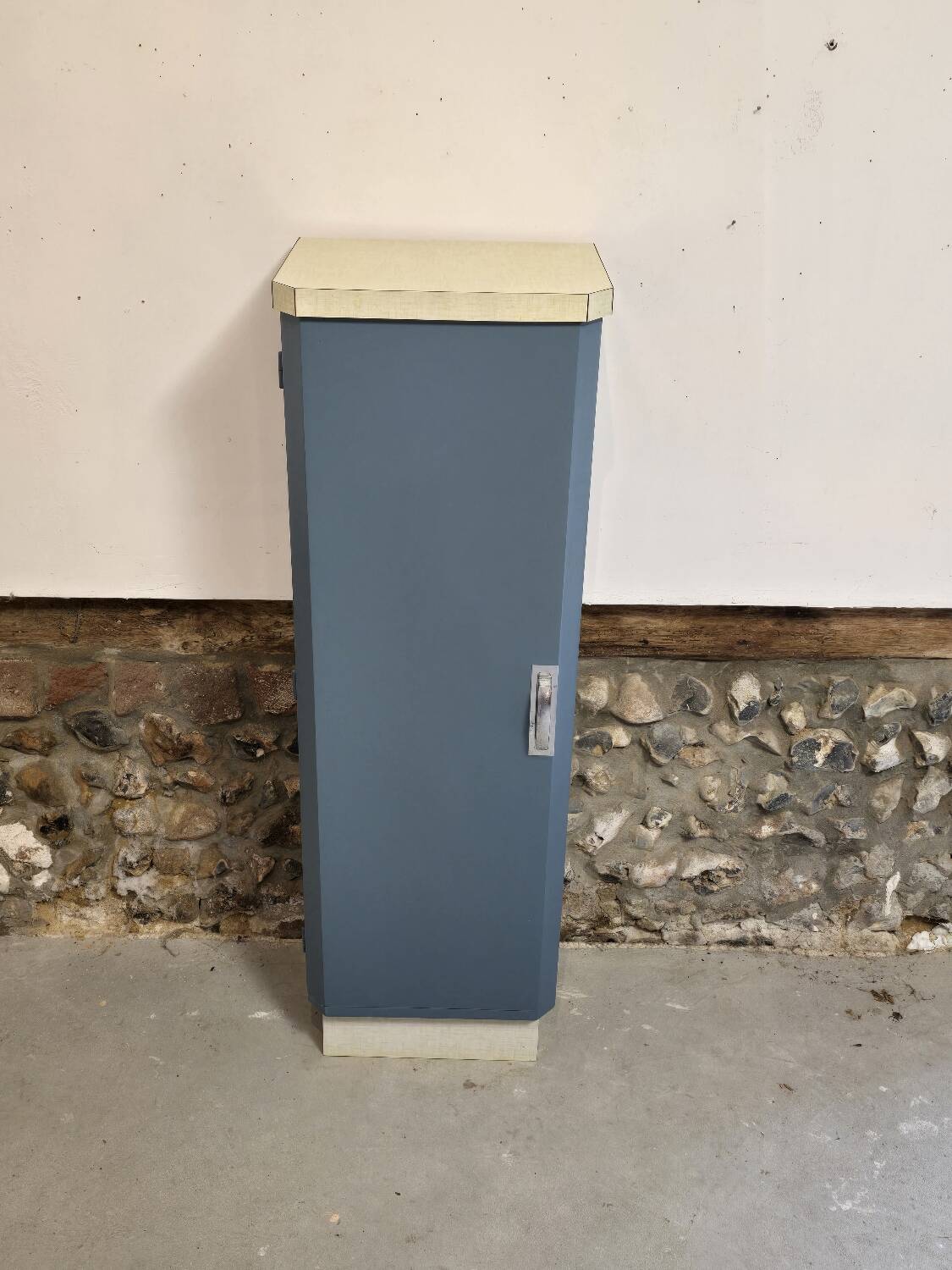 Small Mado 1960 kitchen column unit in yellow formica restyled in blue