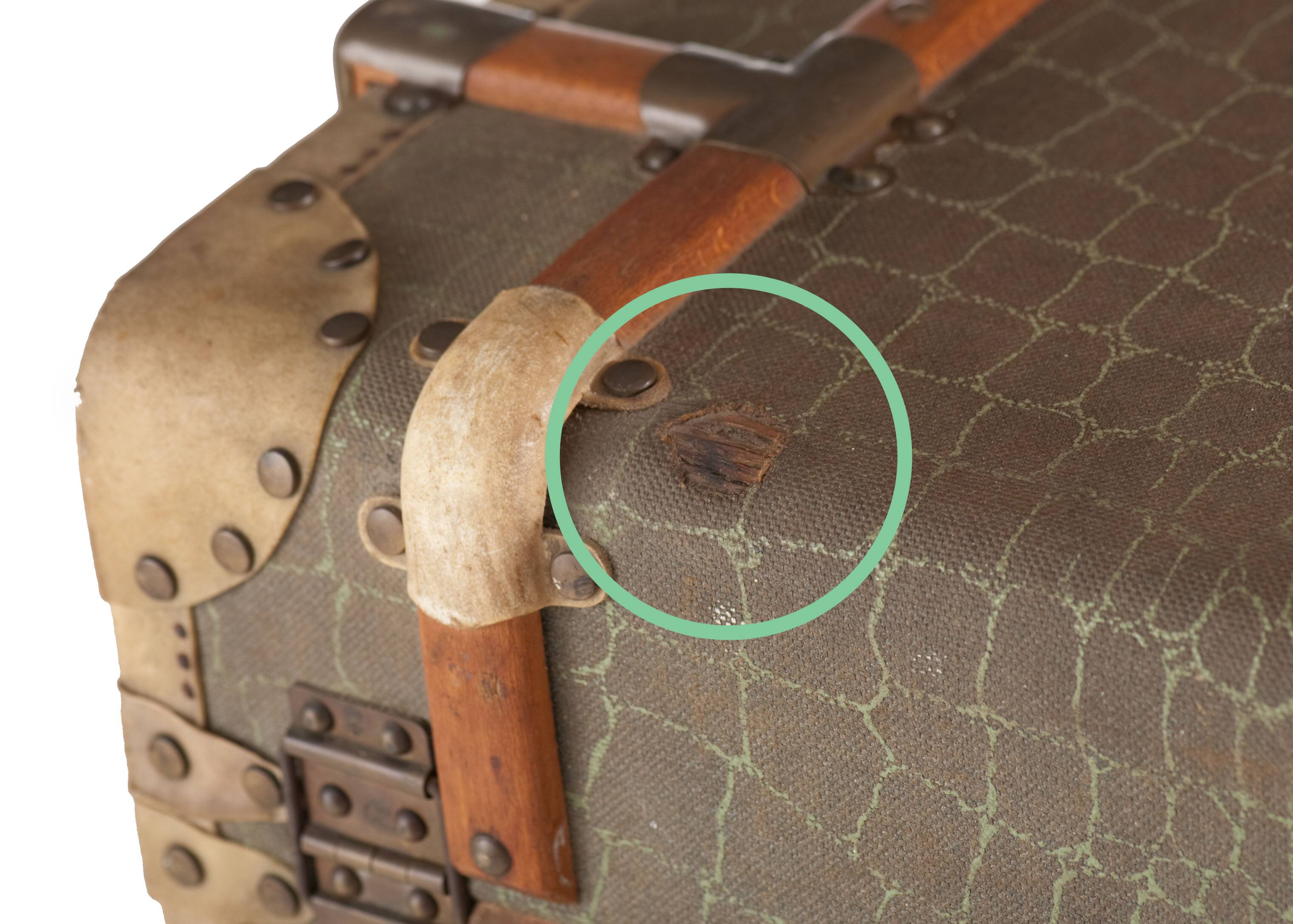 Anc Large cabin trunk in khaki canvas with a snakeskin effect, wood & brass