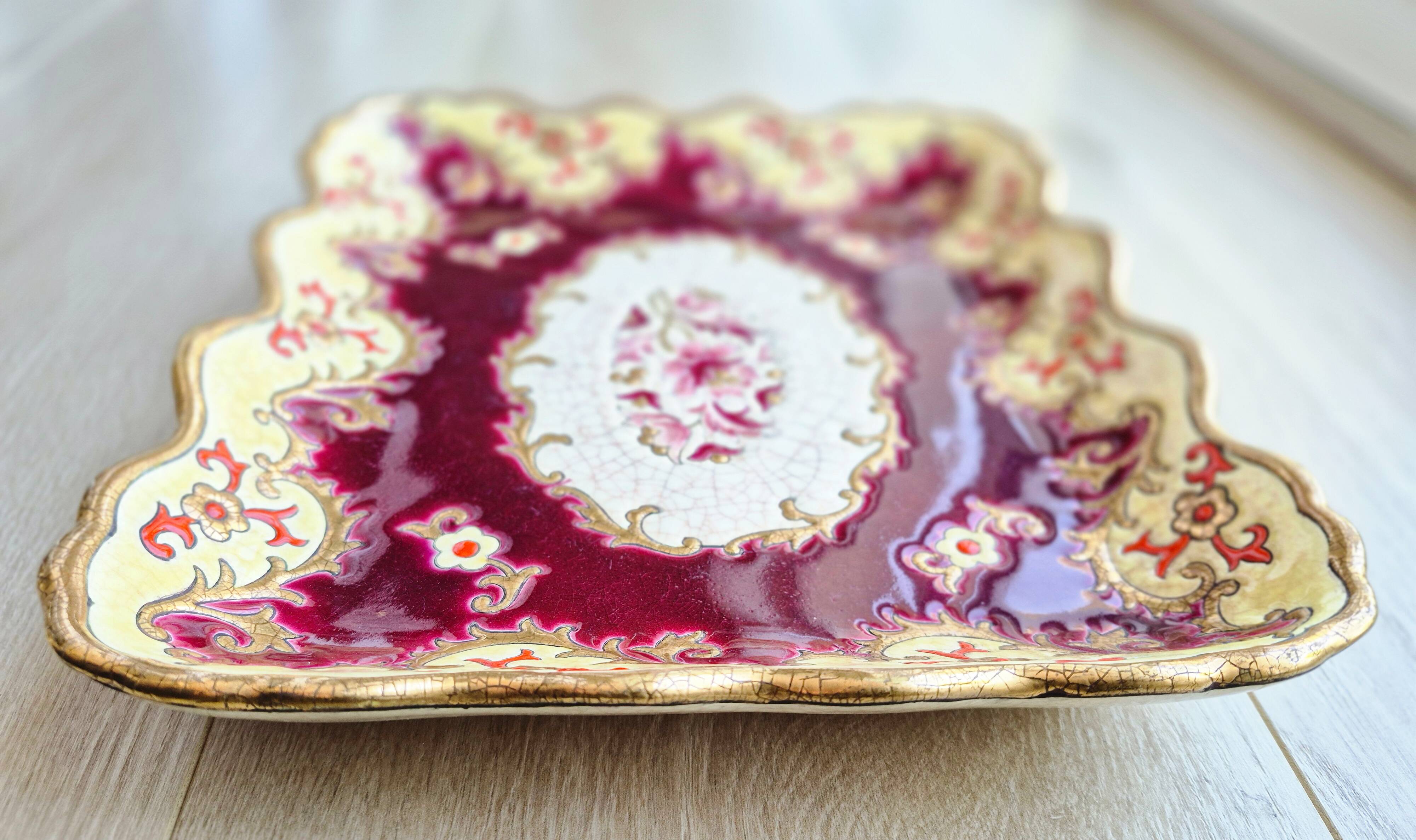 Antique Longwy enamel dish, "Plaisance" model, red and gold