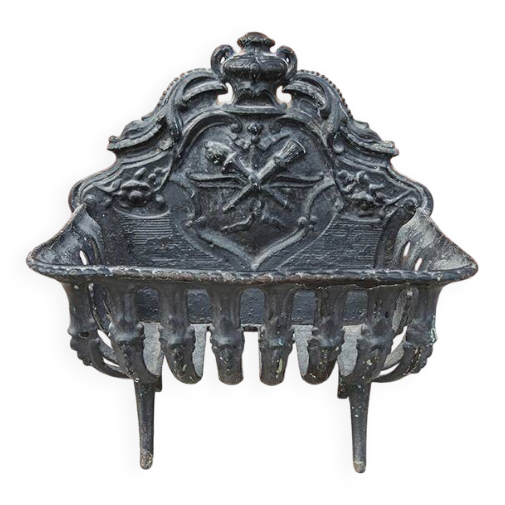 Antique black cast iron log cradle in rococo style