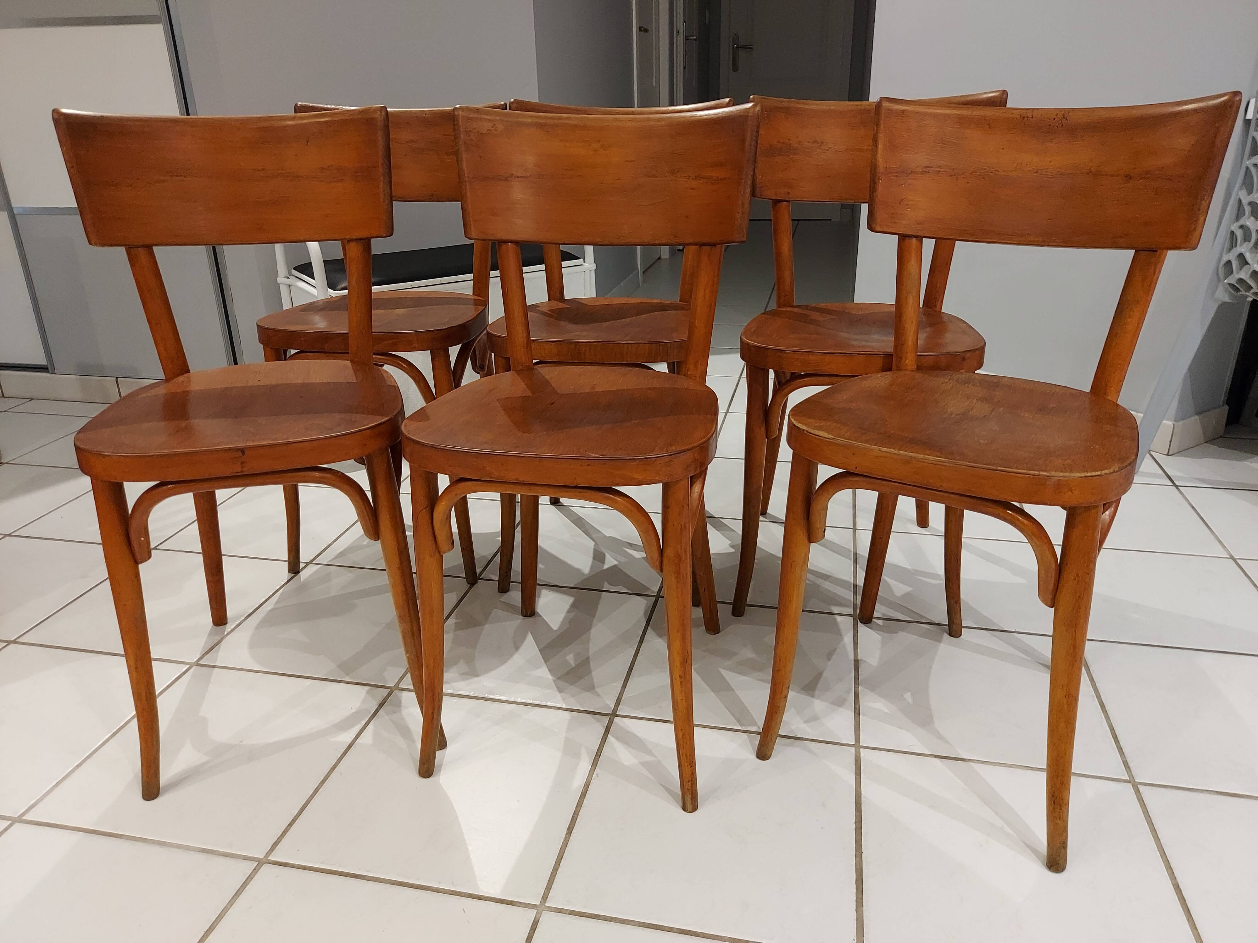 Suite of 6 chairs by bistrot baumann in the 1950s