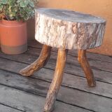 Stool low tripod log solid wood, brutalist and authentic, circa 1920