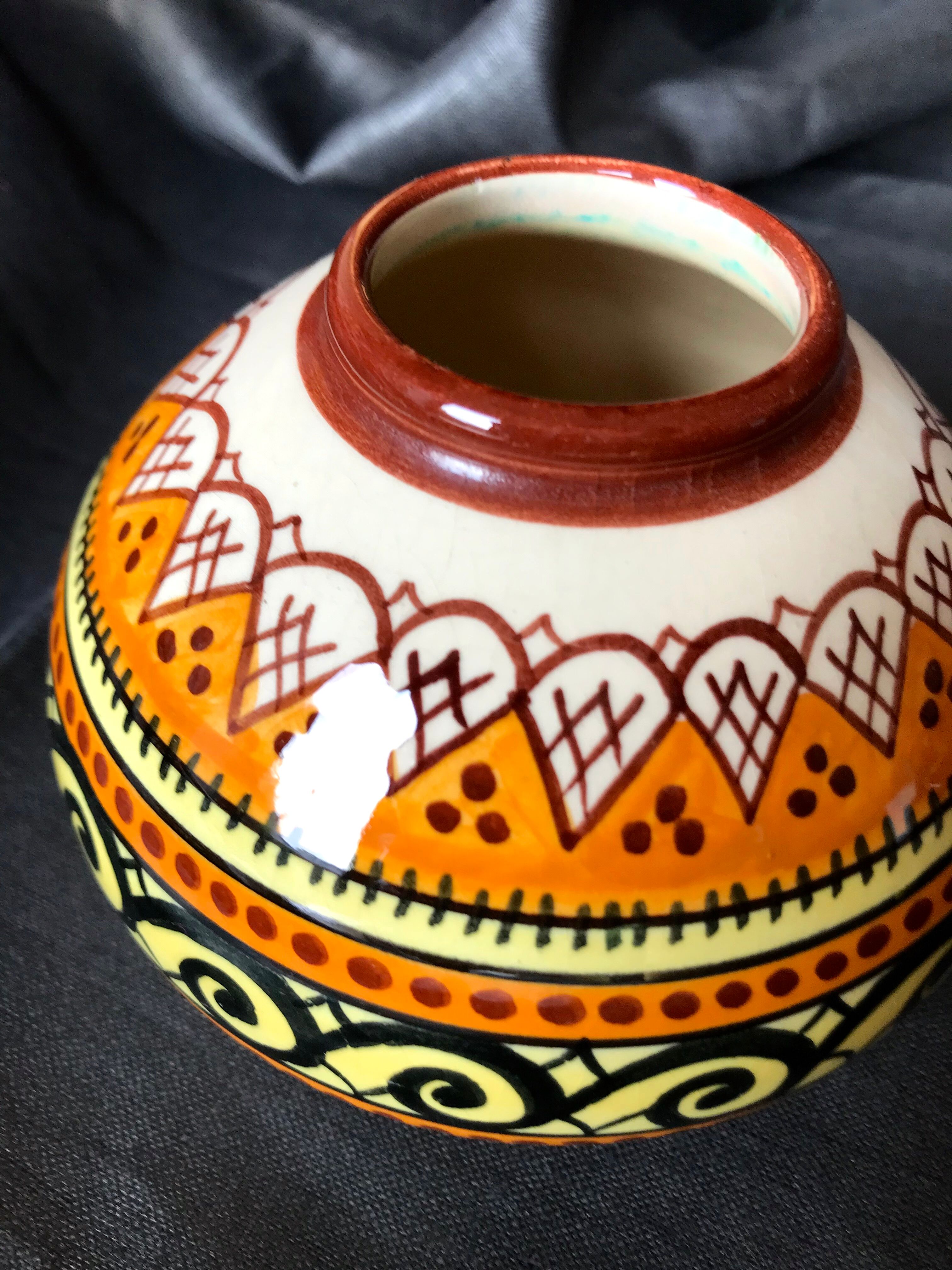 Quimper Henriot spinning top ball vase vintage soliflore art deco 1930 1940 celtic patterns orange black