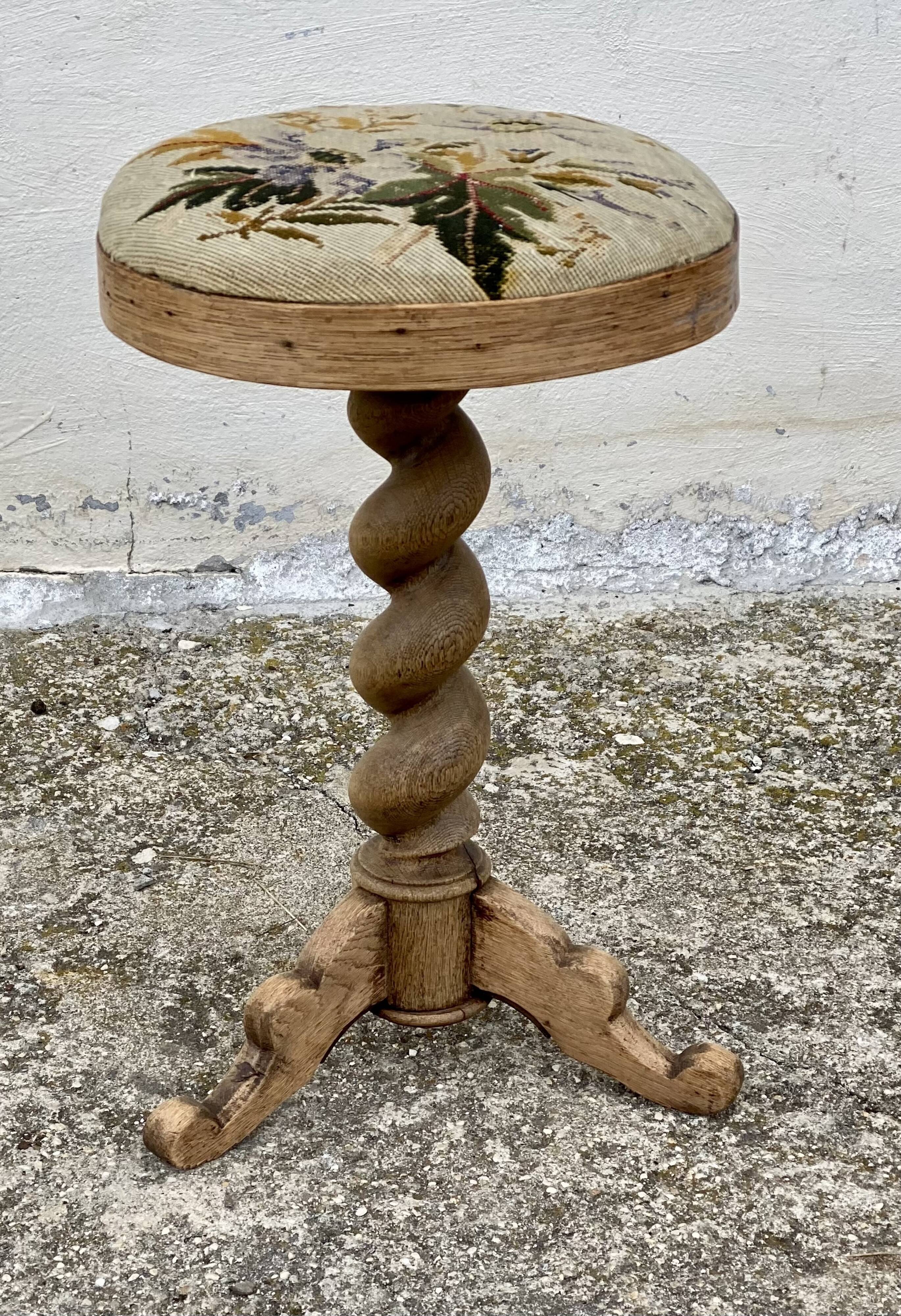 19th-century stool with twisted oak legs and embroidery.