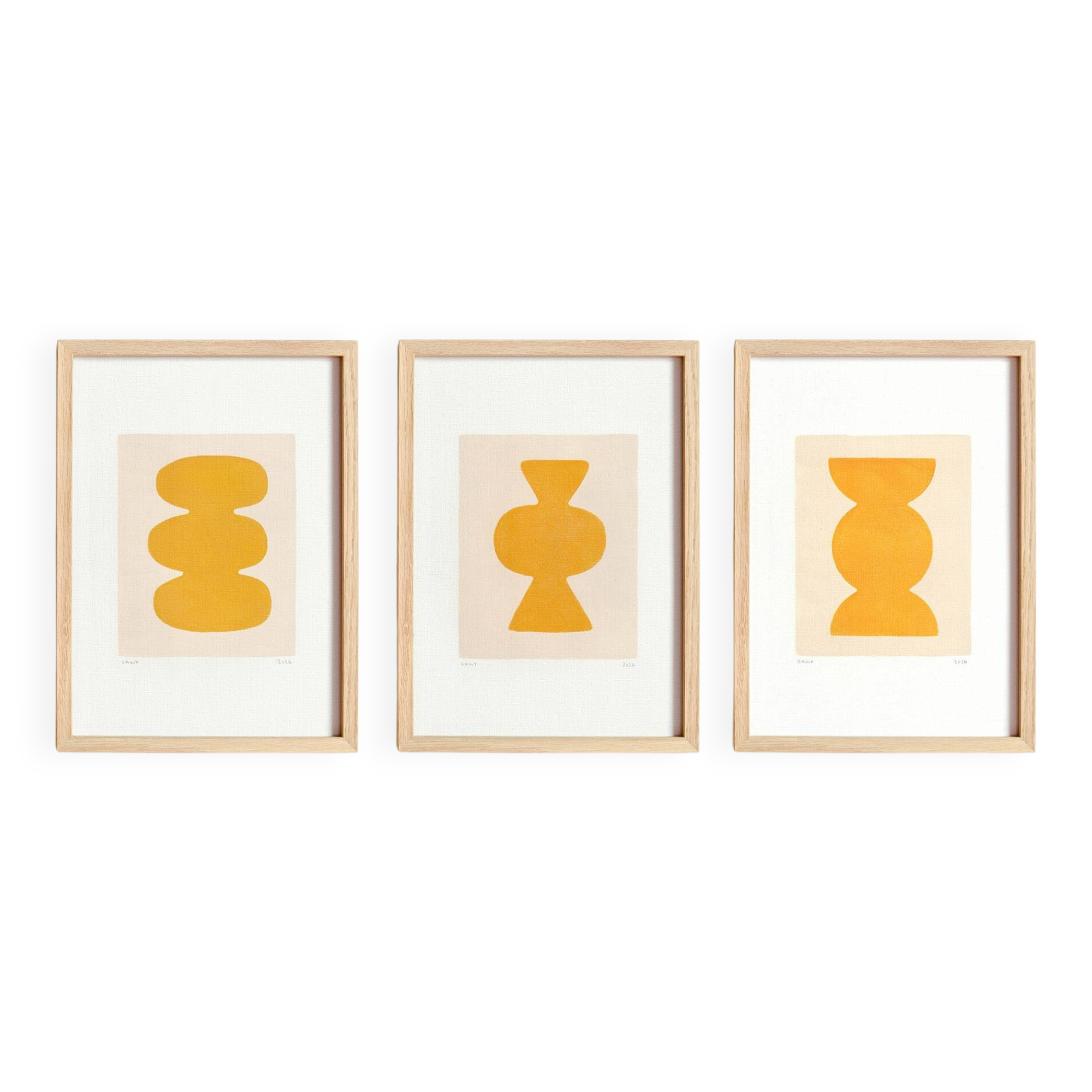 Set de 3 peintures abstraites jaune signée Eawy