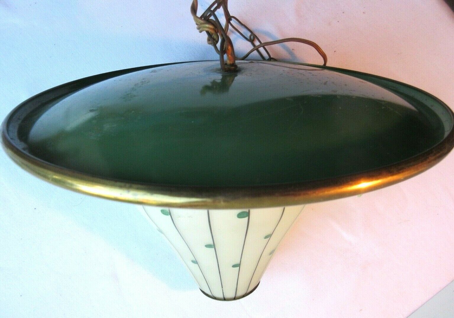 Green sheet metal and globe glass hanging lamp