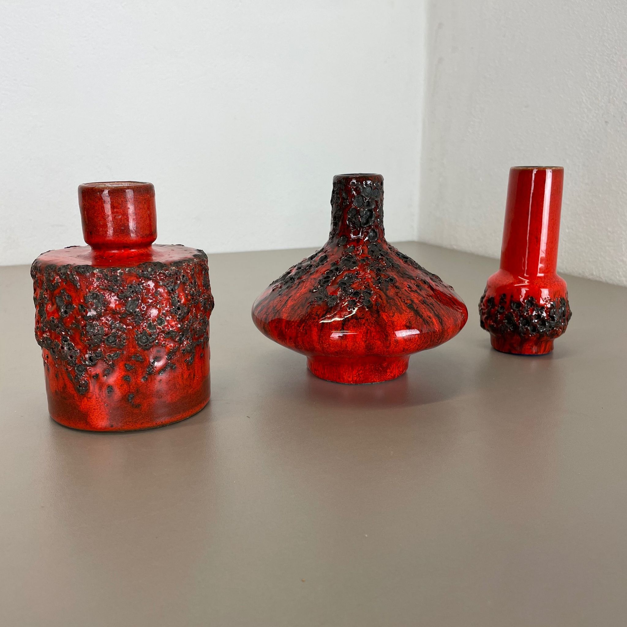 Set of 3 Red Black Ceramic Studio Pottery Vase Objects Otto Keramik Germany 1970