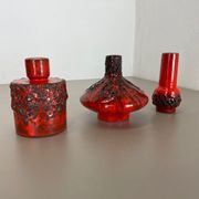Set of 3 Red Black Ceramic Studio Pottery Vase Objects Otto Keramik Germany 1970