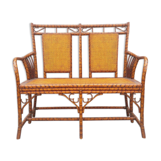 Rattan and caning bench,vintage, 2 places