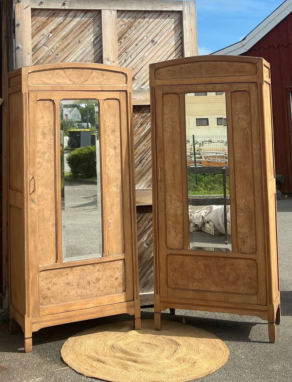Pair of 2 identical Parisian wardrobes in raw oak.