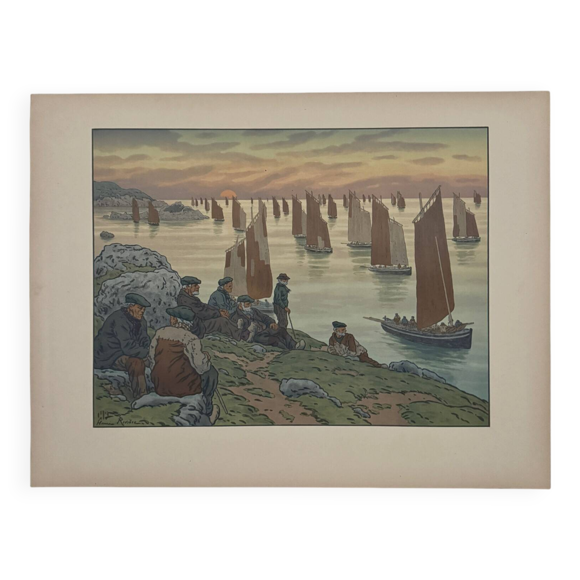 Lithograph by Henri Rivière In the Wind of Noroît - The Old People