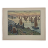Lithograph by Henri Rivière In the Wind of Noroît - The Old People