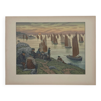 Lithographie par Henri Rivière "Au Vent de Noroît - Les Vieux"