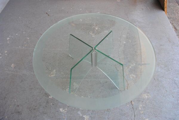 Table basse ronde années 80 vintage en verre et plexiglass
