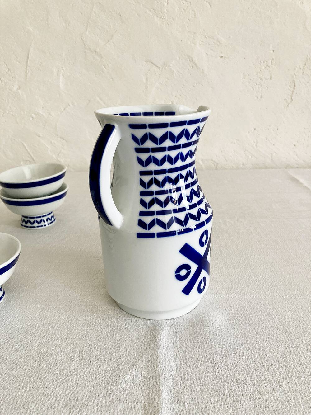 Set of six Sargadelos porcelain wine glasses and pitcher