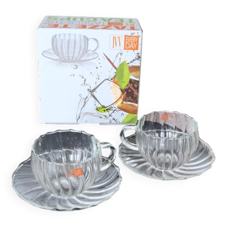 Set of 2 Fluted Glass Tea Cups and Saucers / Every Day