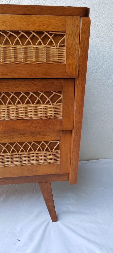 Chest of drawers wood and rattan 60s