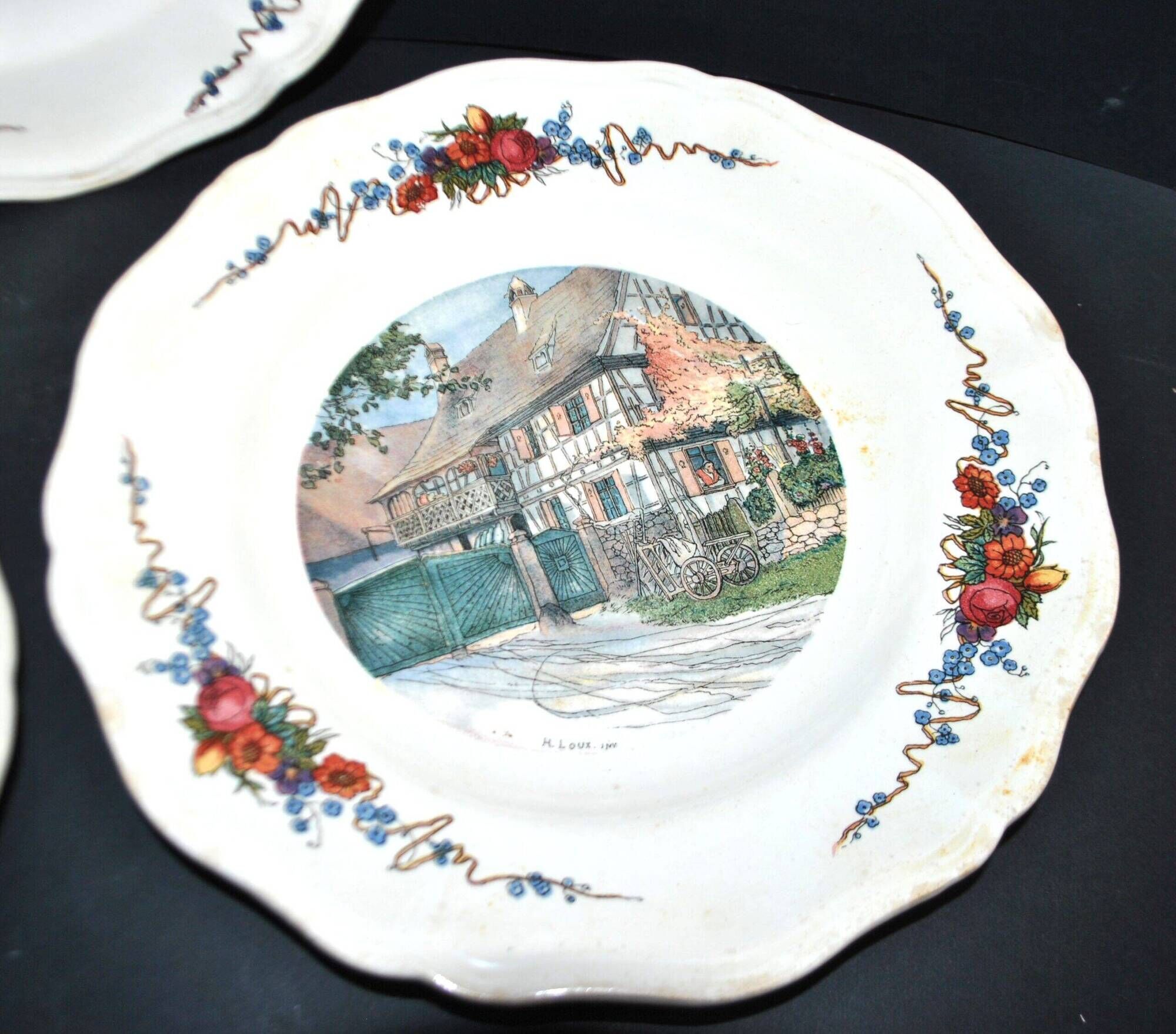 Sarreguemines set of 3 flat plates Obernai village Alsace by Loux