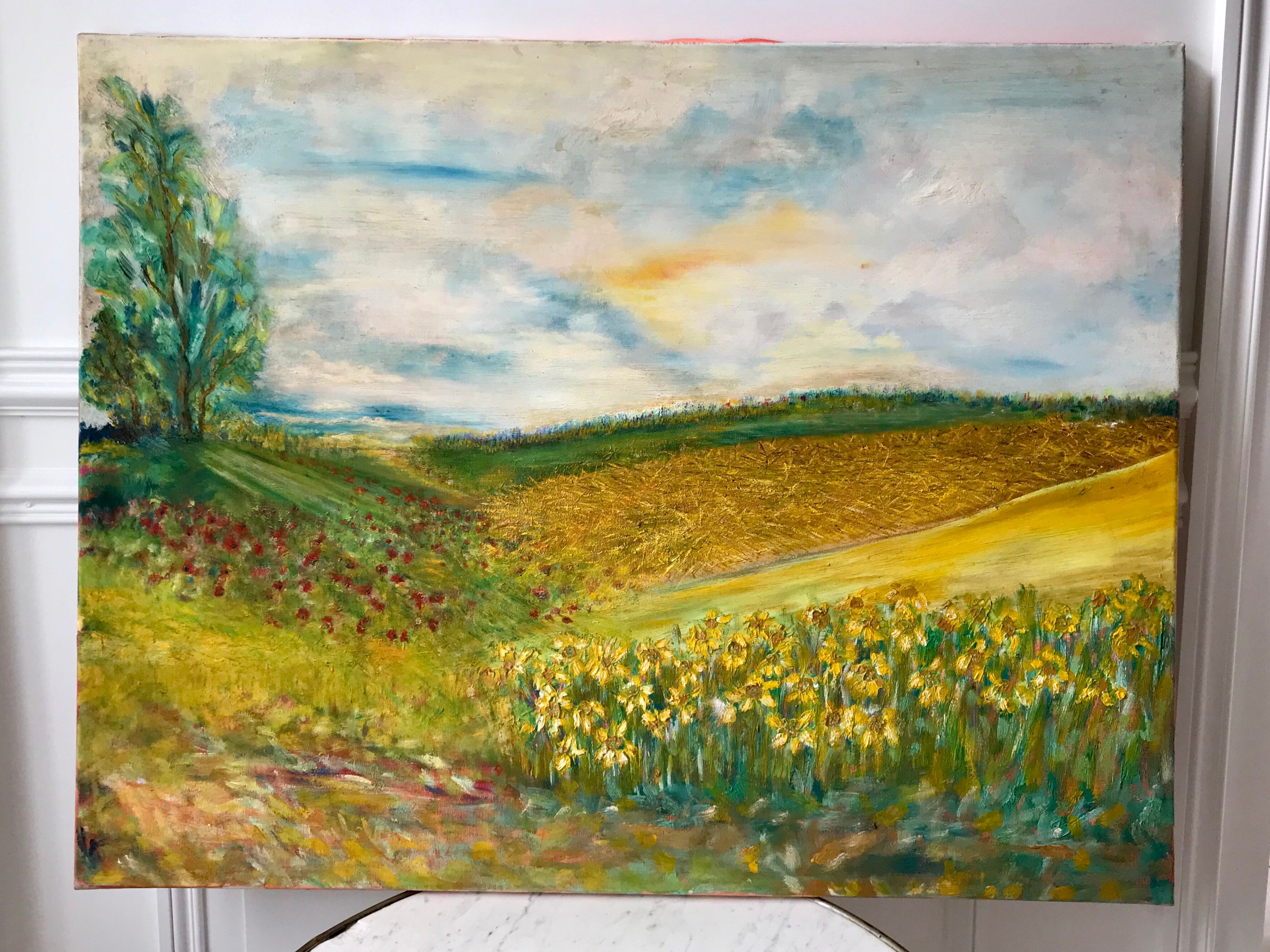 Old oil painting on landscape canvas