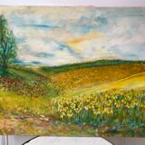 Old oil painting on landscape canvas