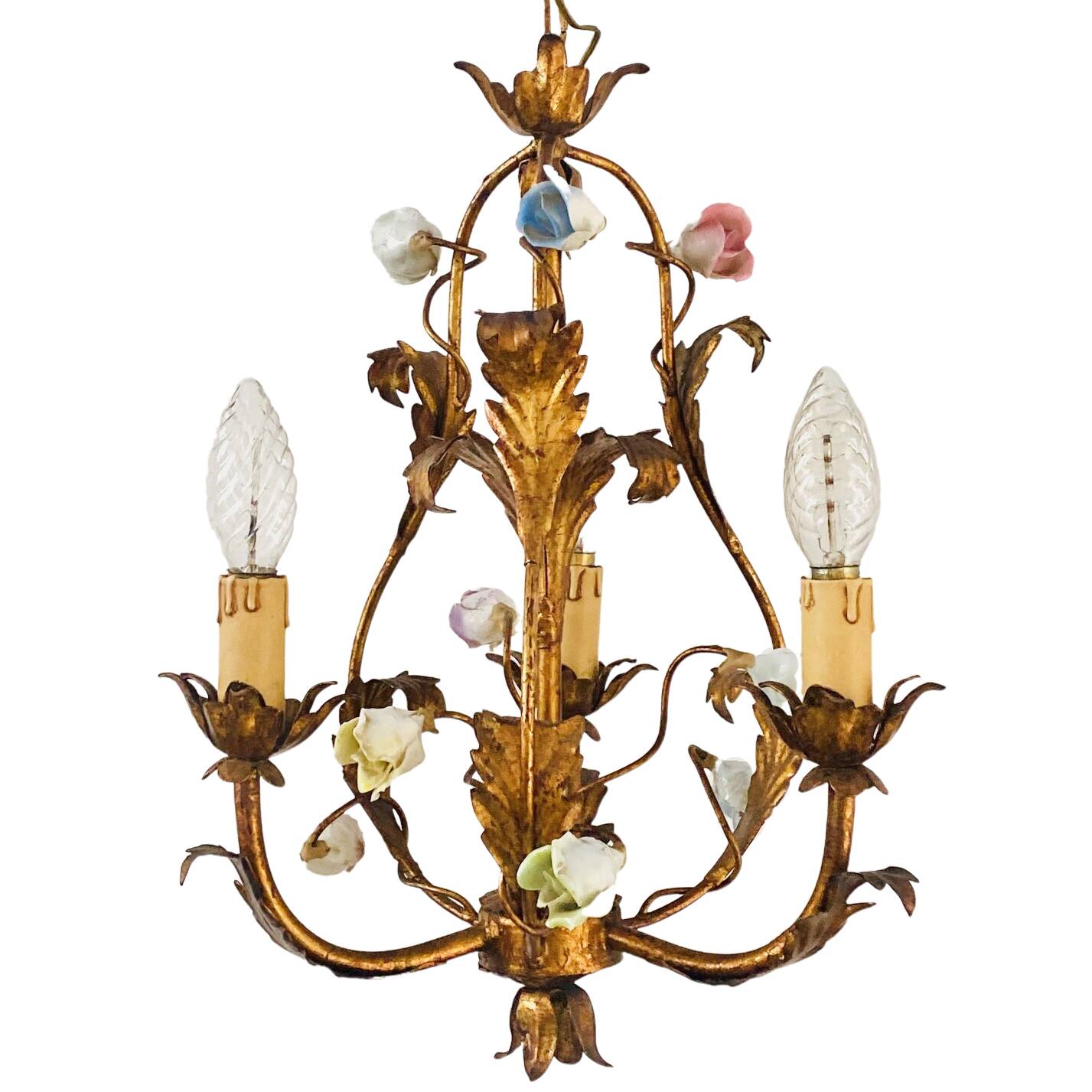 Vintage Italian Roses Porcelain Chandelier Gold Gilded Baroque Rococco 1950s