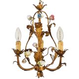 Vintage Italian Roses Porcelain Chandelier Gold Gilded Baroque Rococco 1950s