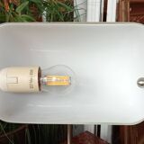 Lampe de notaire ancienne en métal brossé et opaline blanche