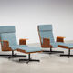Pair of modernist teak lounge chairs and poufs 1960