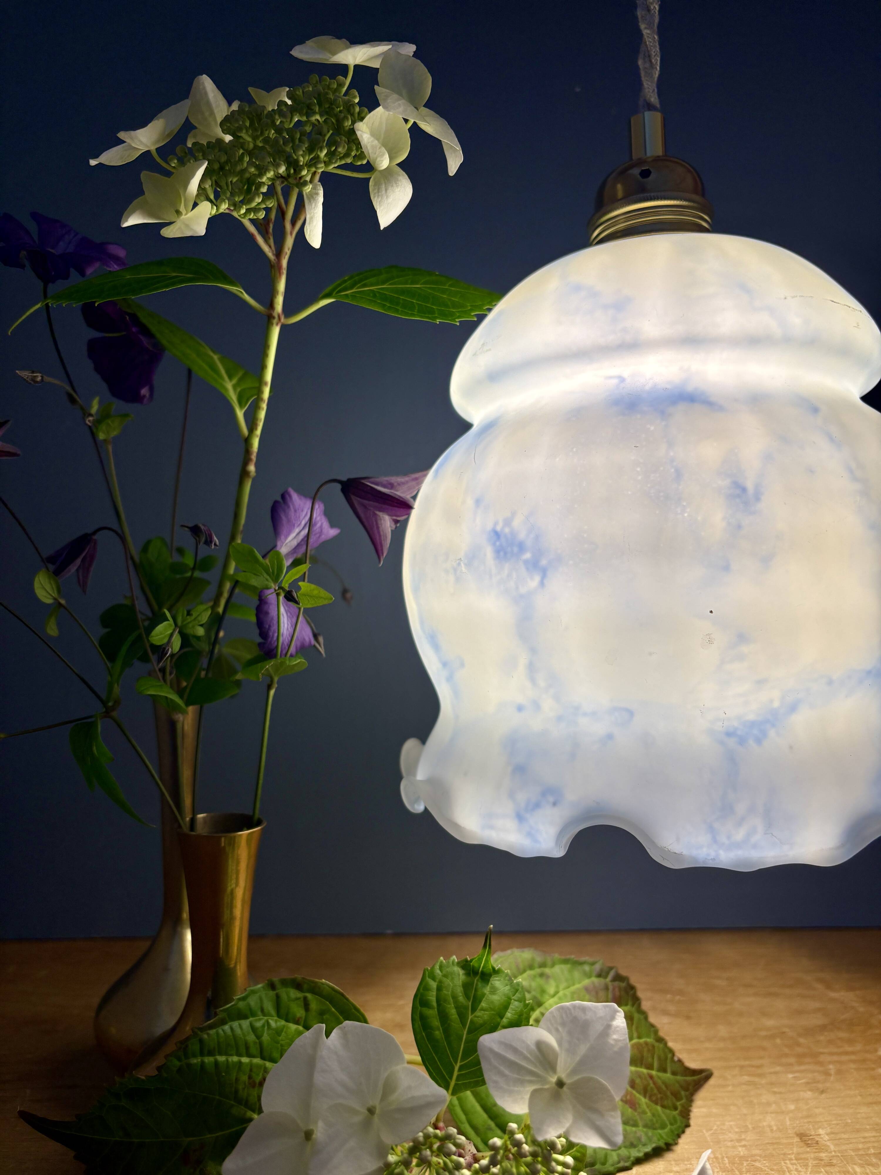 Vintage globe pendant light in white and blue opaline