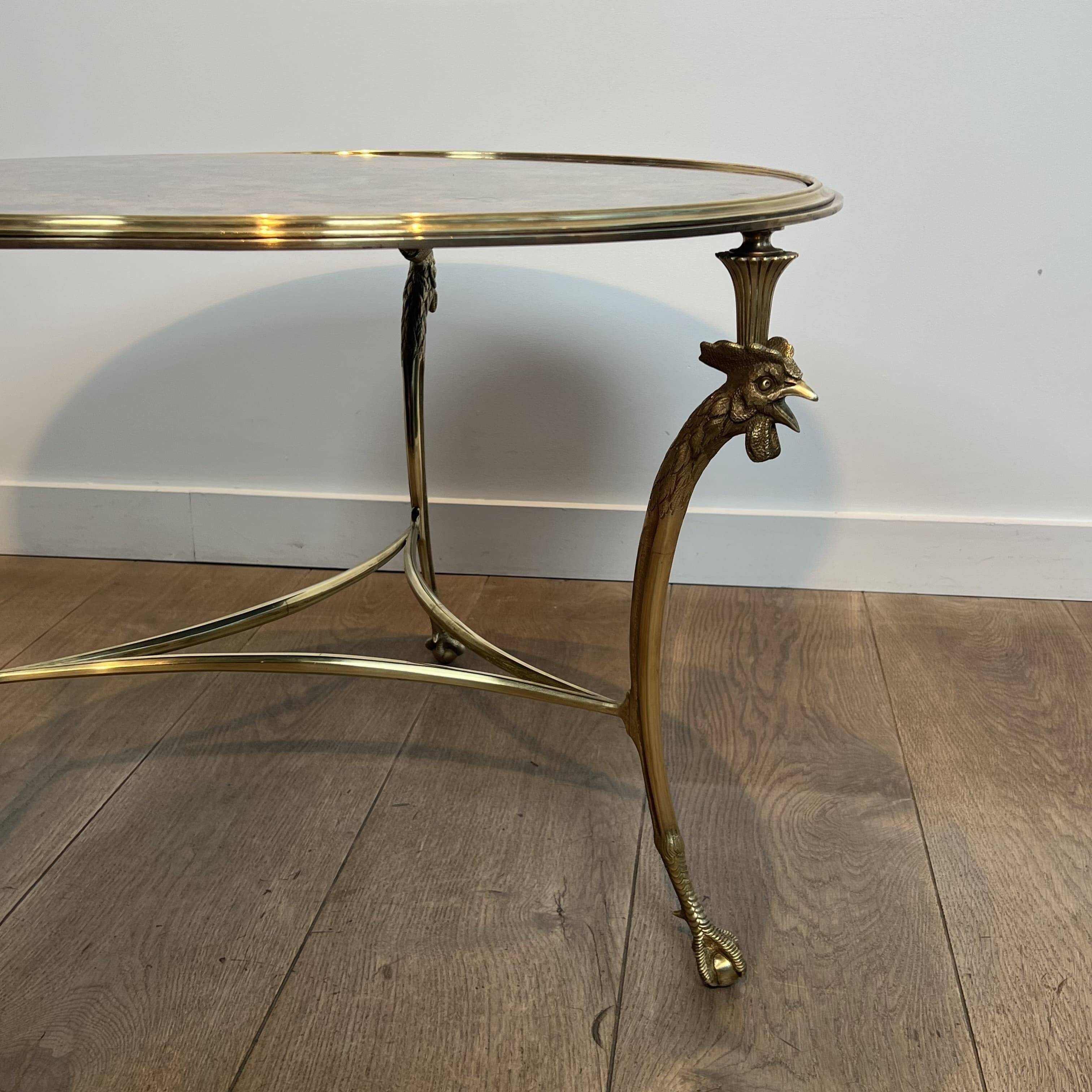 Tripod Circular Coffee Table "Aux Coqs" in Bronze and Églomisé Mirror, May