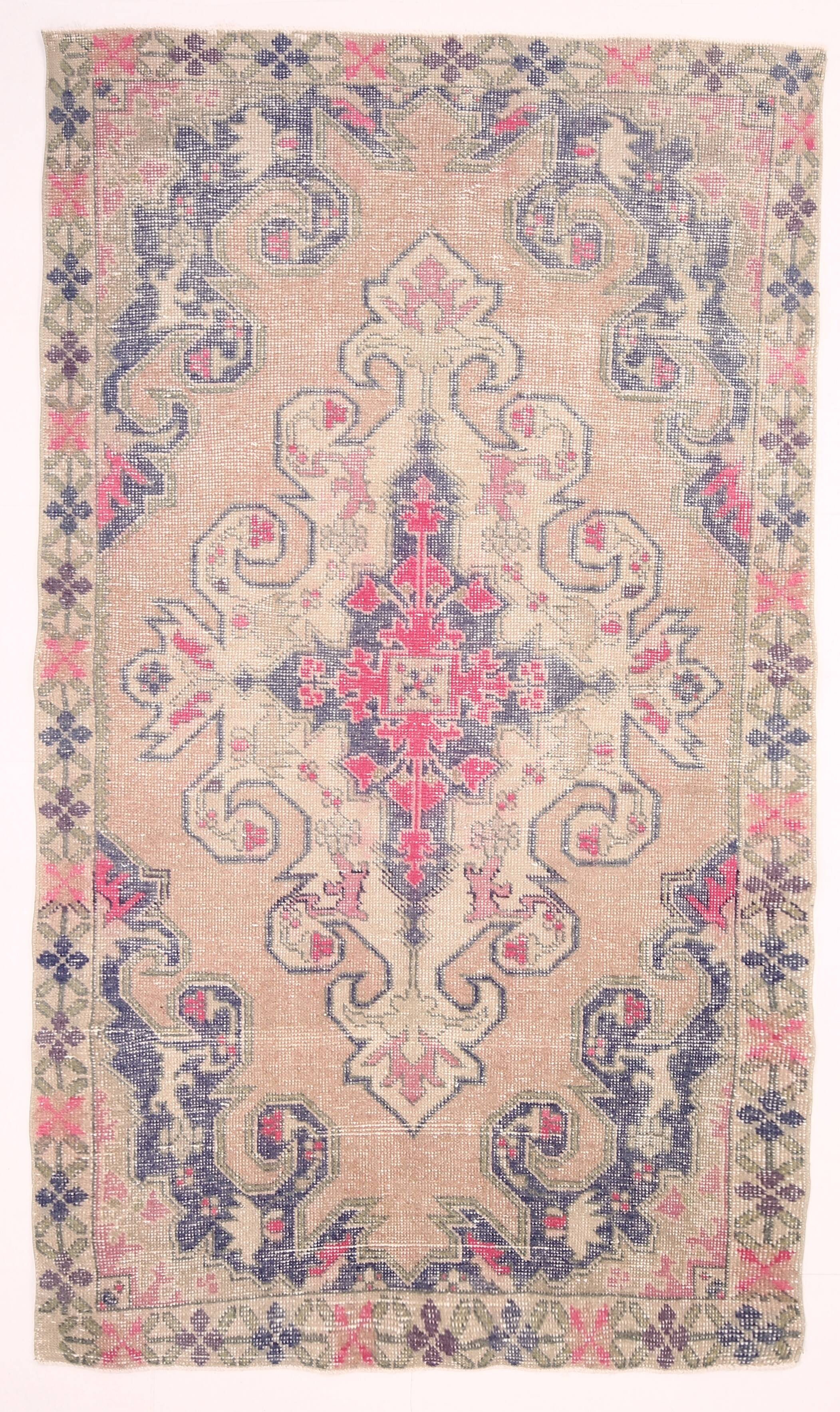 Turkish Cream Pink Oriental Vintage Rug, 121x208Cm