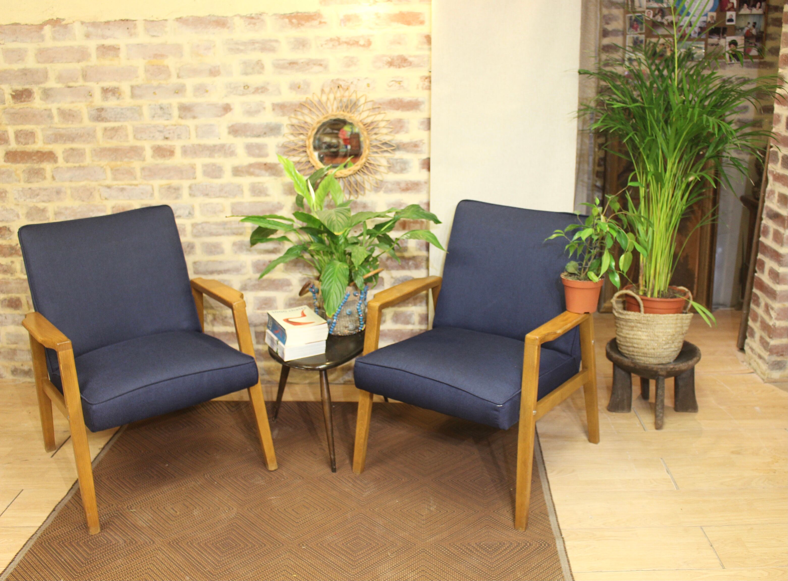 Pair of Scandinavian armchairs 60s restored deep blue gloved fabric.