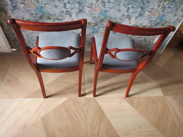 Rare- Lot de 4 chaises style Louis Philippe/restauration avec médaillon - Coloris bleu / merisier