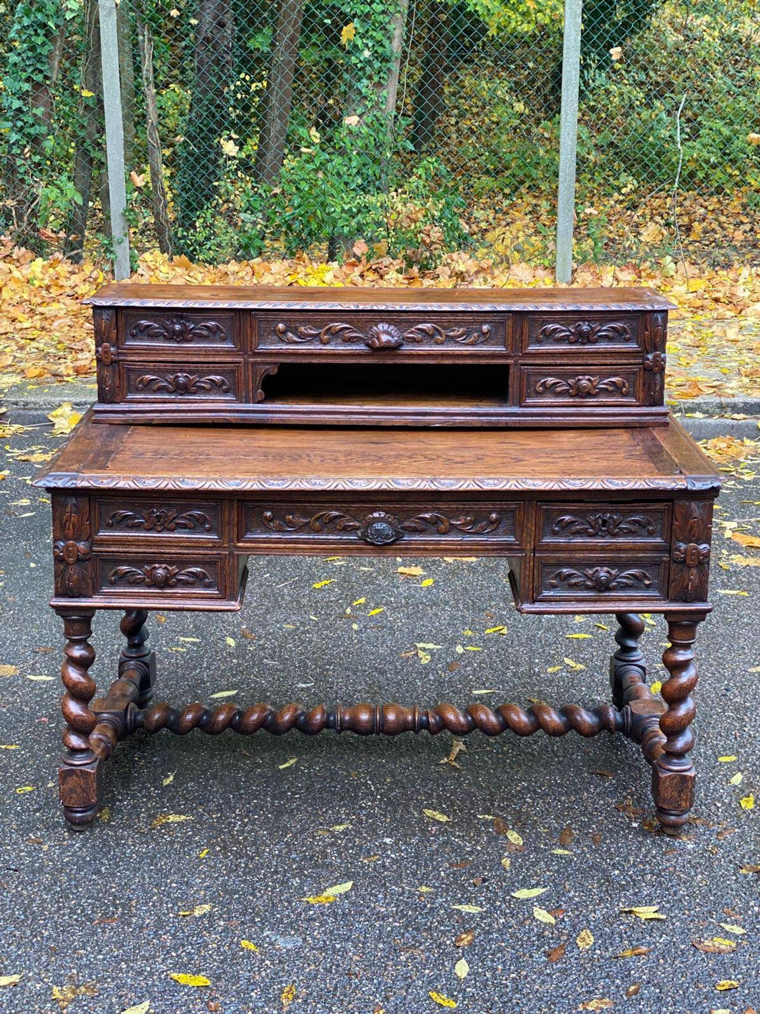 19th-century Renaissance carved oak desk with chair