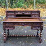 19th-century Renaissance carved oak desk with chair