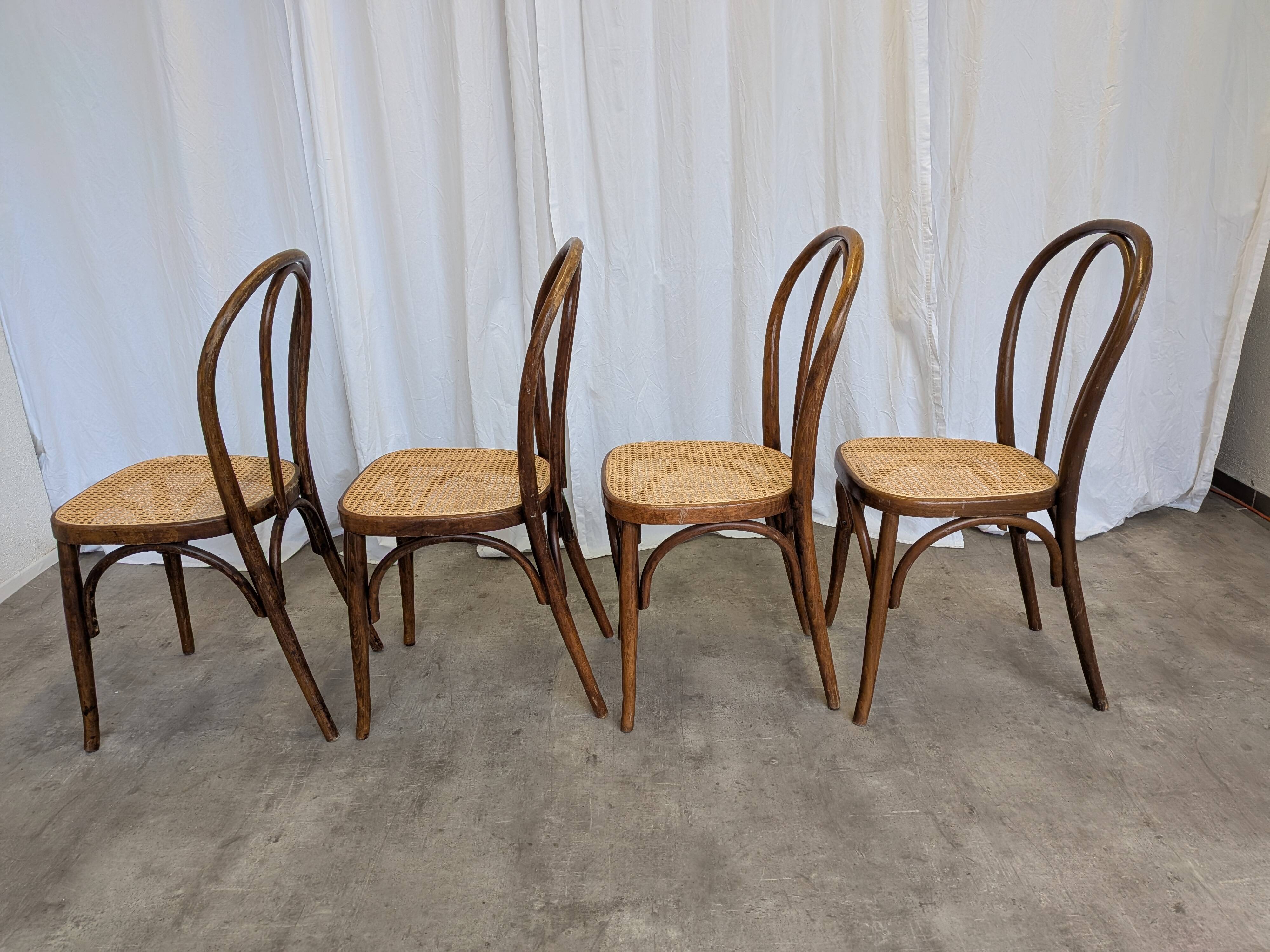 Set of 4 Vintage Thonet Style Dining Chairs: Bentwood Cane Seat, 1970s Bist