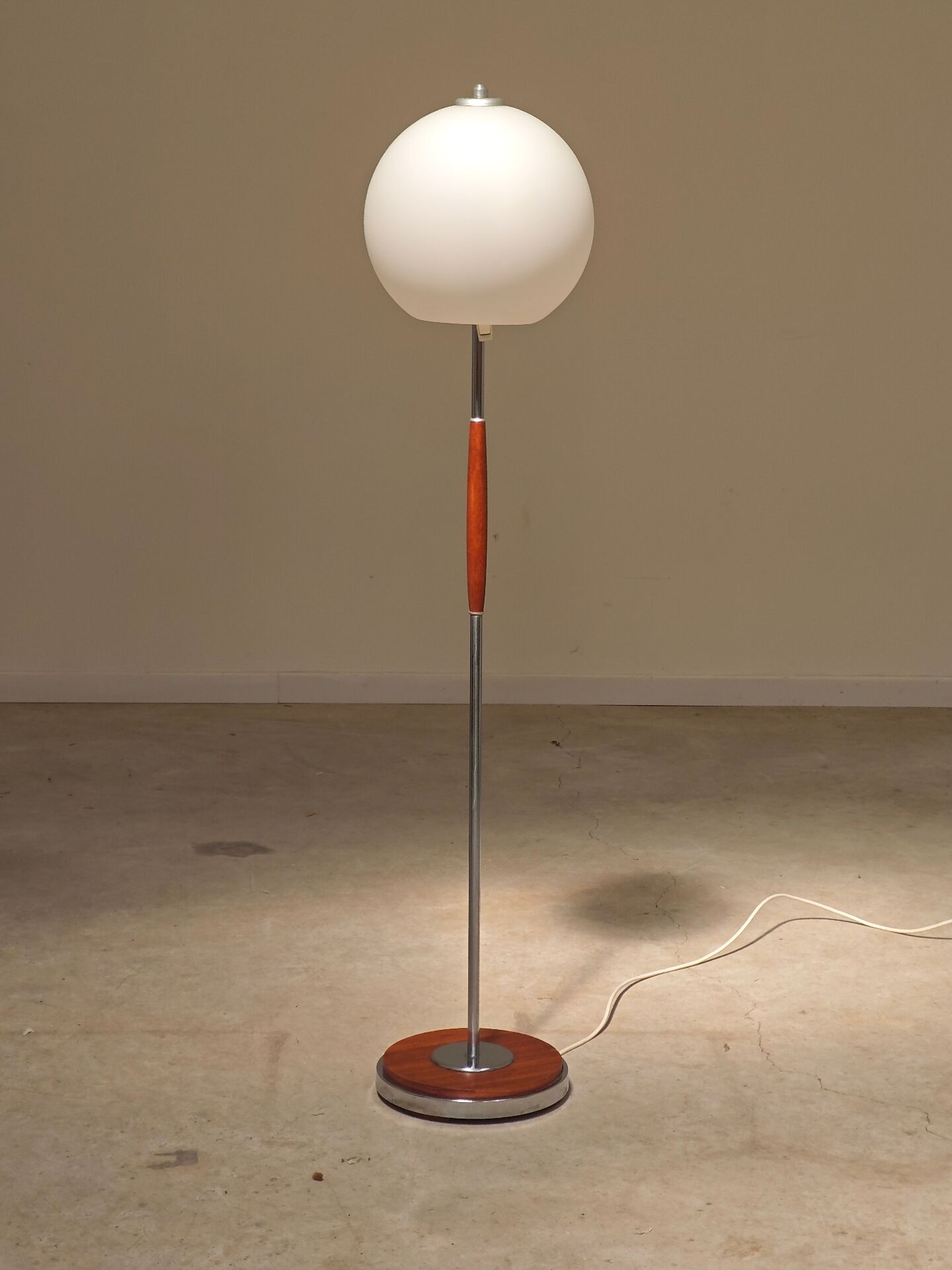 Modernist floor lamp in teak, chrome metal, opaline, Czechoslovakia 60s