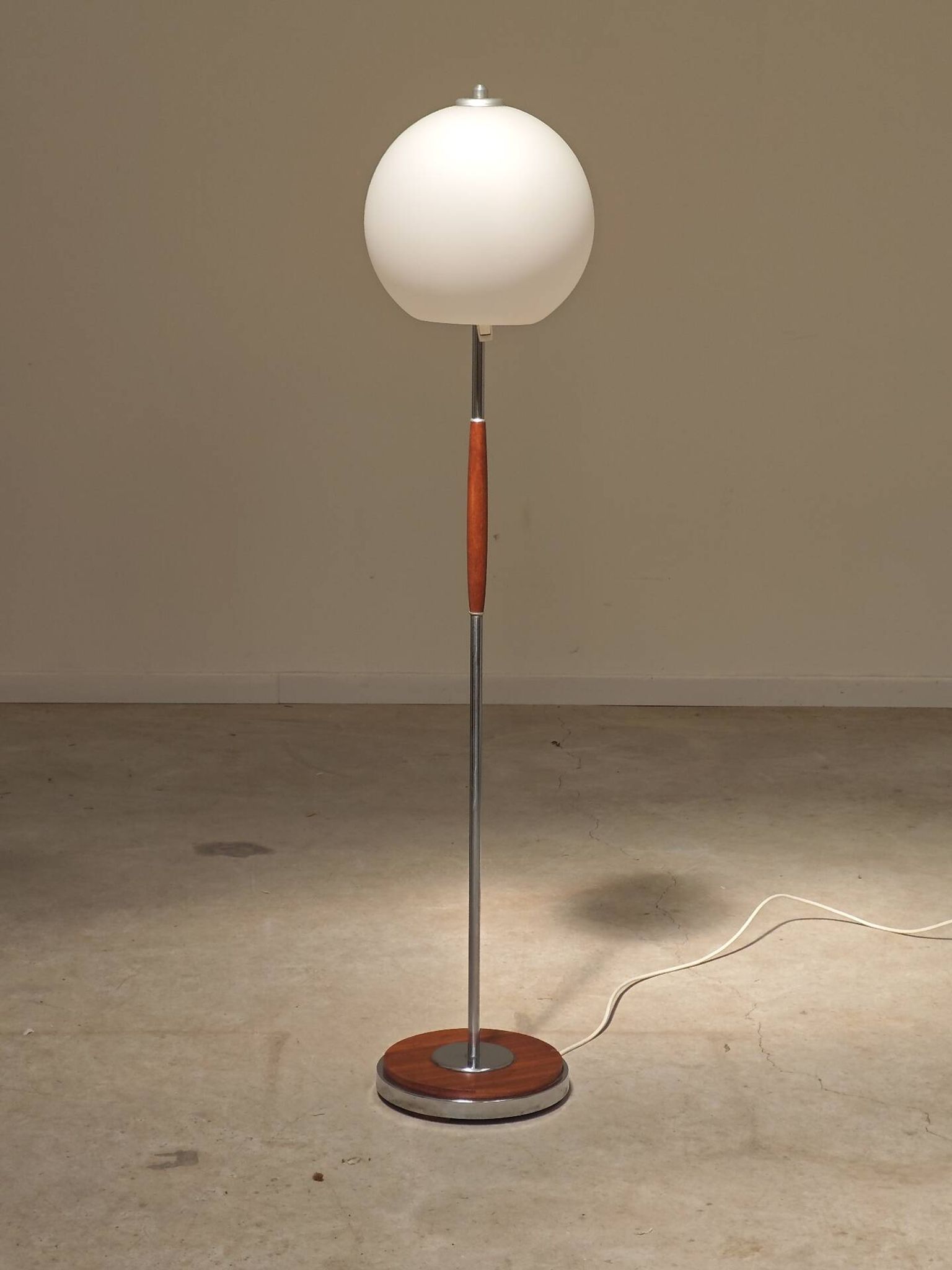 Modernist floor lamp in teak, chrome metal, opaline, Czechoslovakia 60s