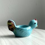 2 coquetiers en céramique bleue, coq et poussin
