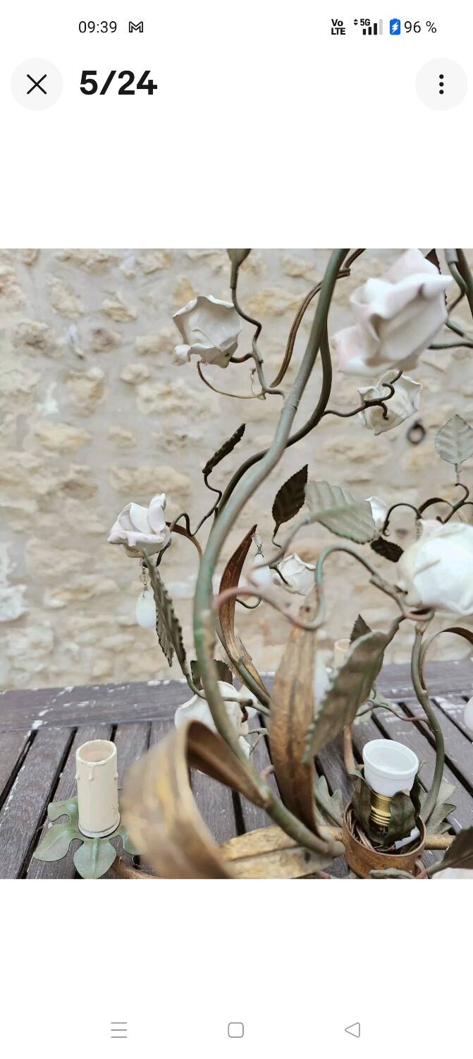 Italian cage chandelier decorated with ceramic roses and glass paste pendants
