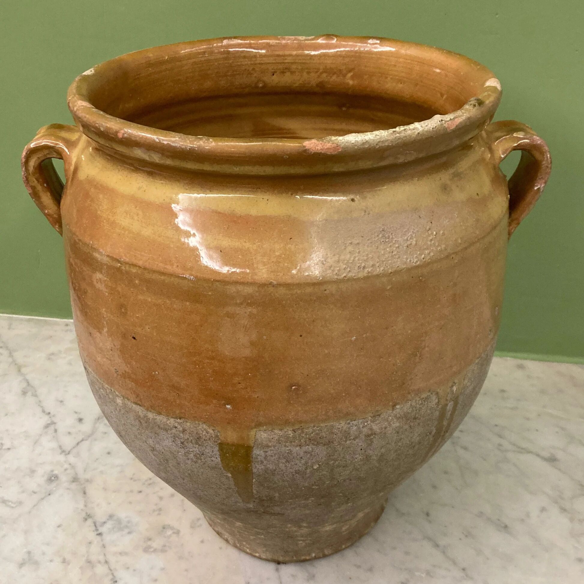 19th-century confit pot. Glazed yellow terracotta pottery.