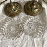 Pair of openwork brass candlesticks and glass bobeches