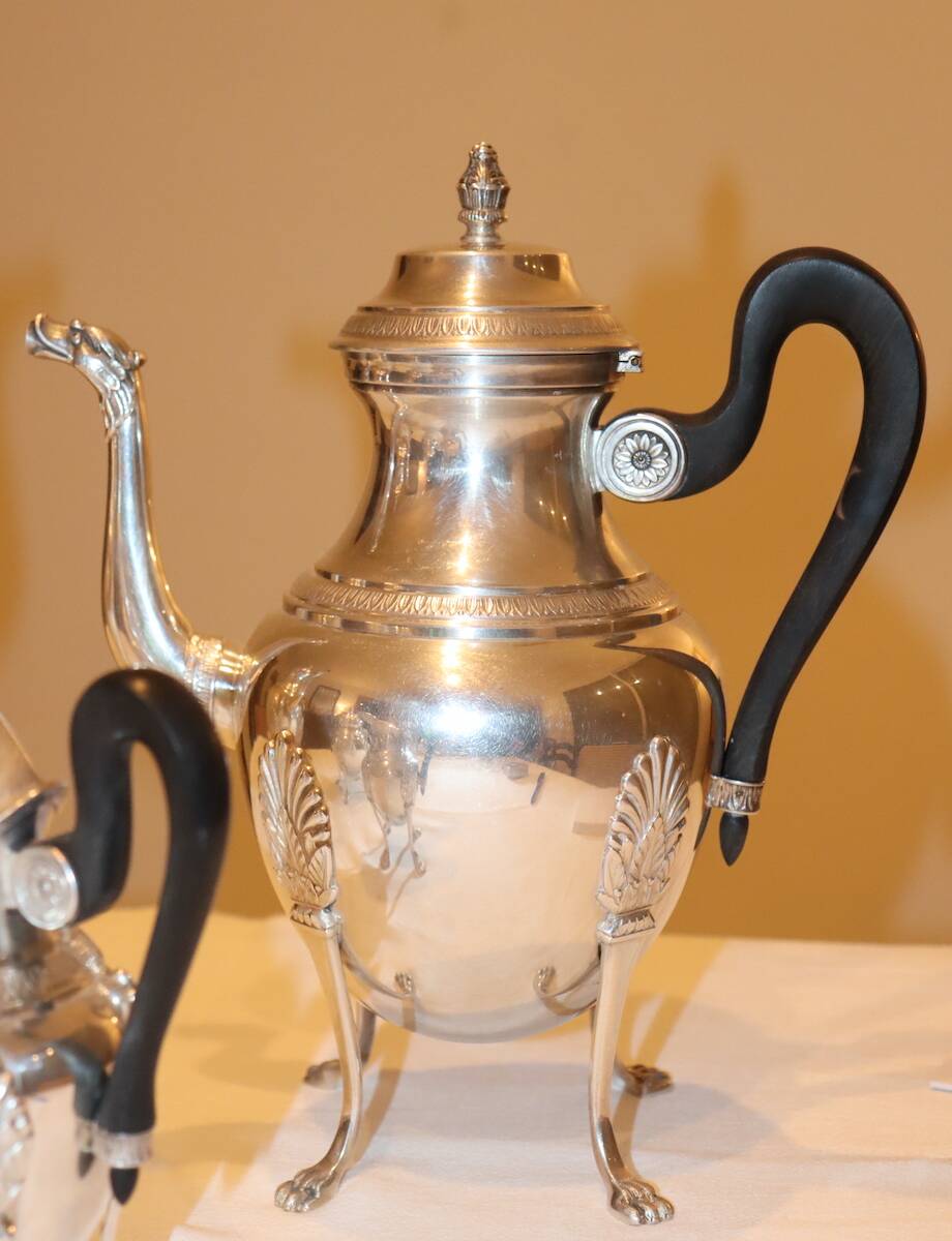 Silver-plated metal tea and coffee service in Empire style.