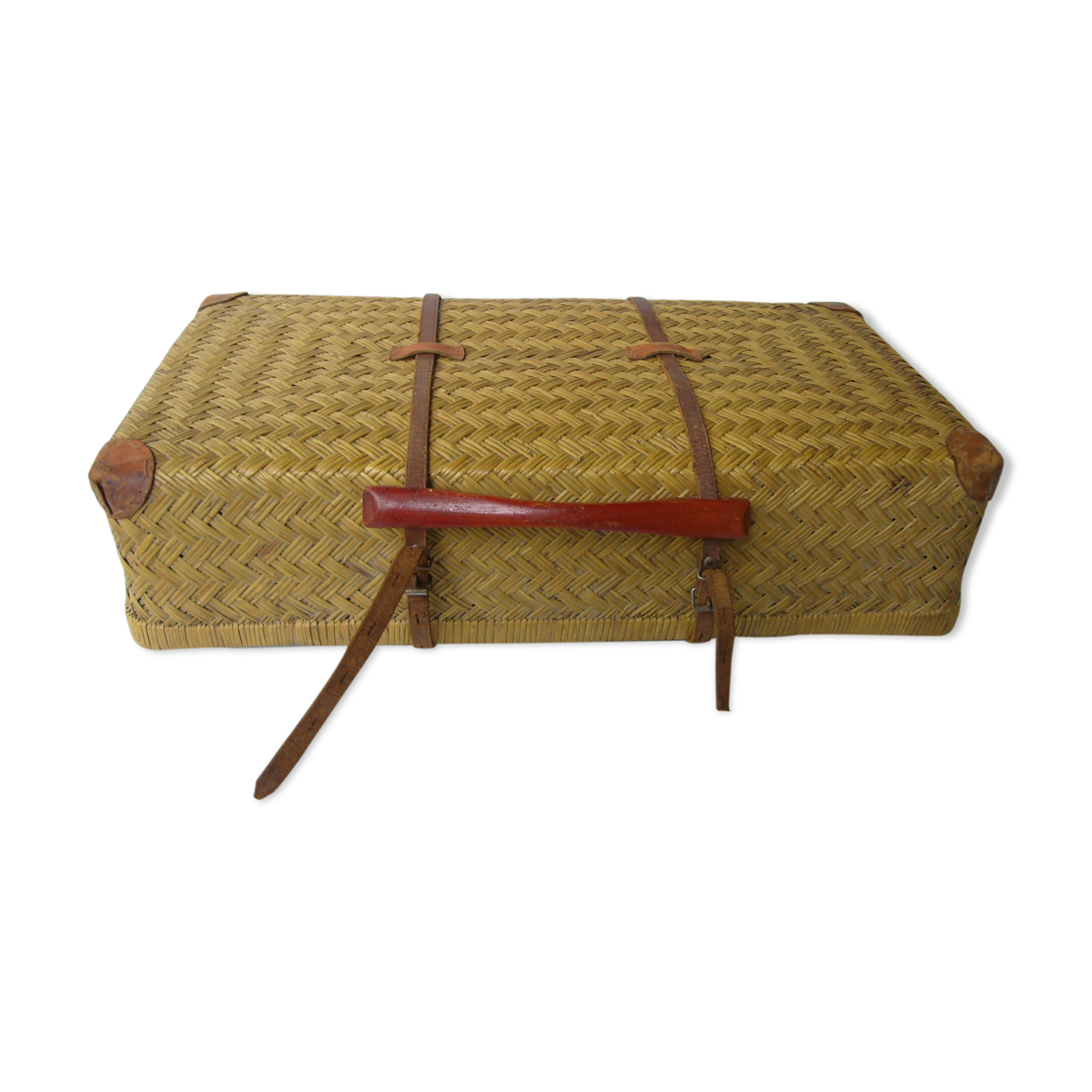 Old rattan case with leather straps and wooden handle