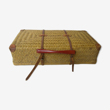 Old rattan case with leather straps and wooden handle