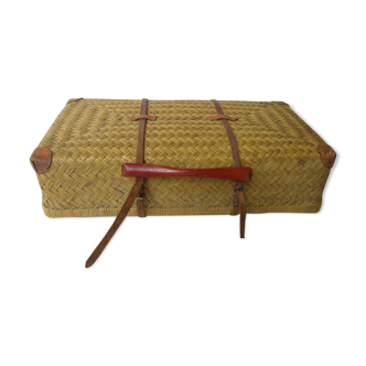 Old rattan case with leather straps and wooden handle