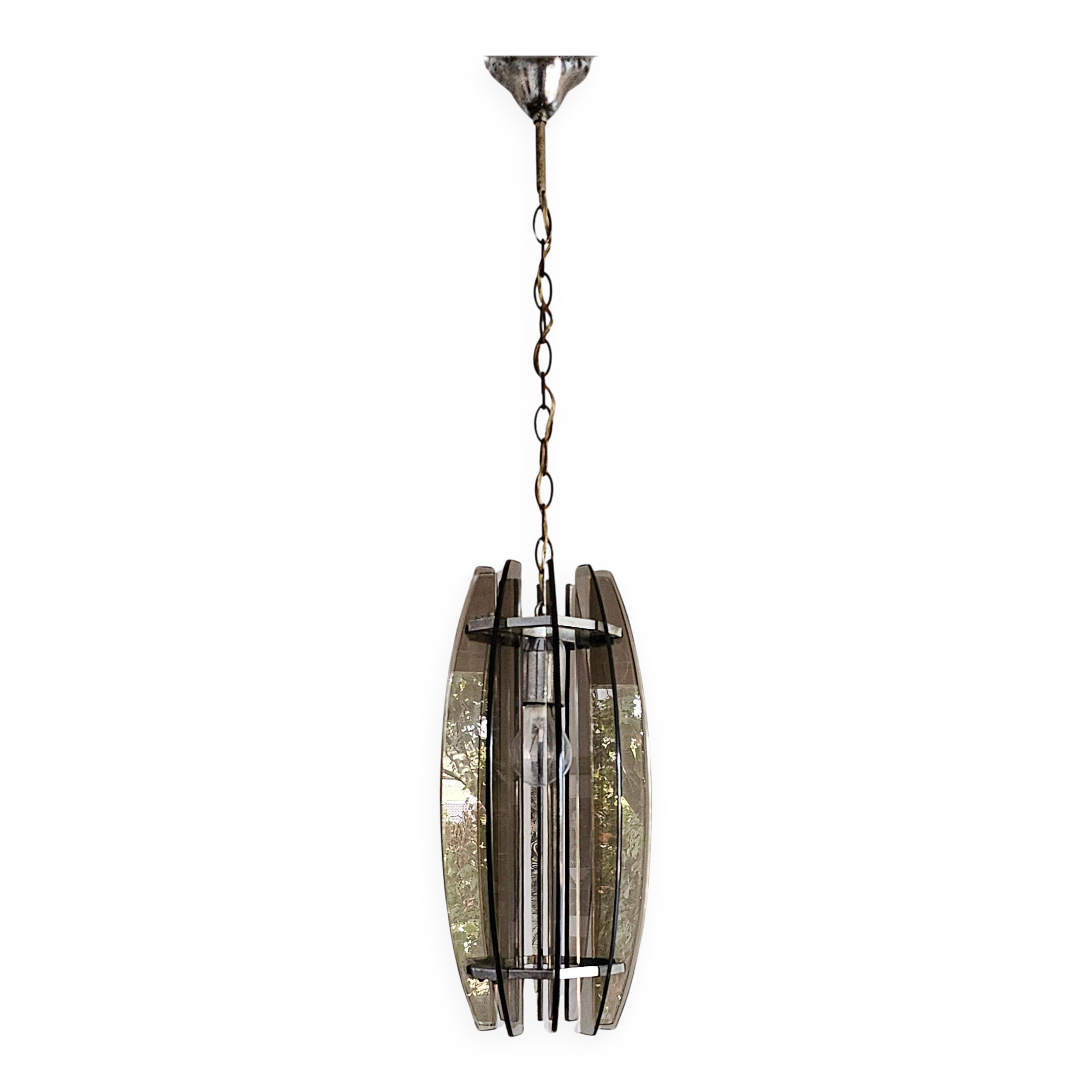 Glass chandelier, chrome and smoked glass in the Fontana Arte style from the 1970s.